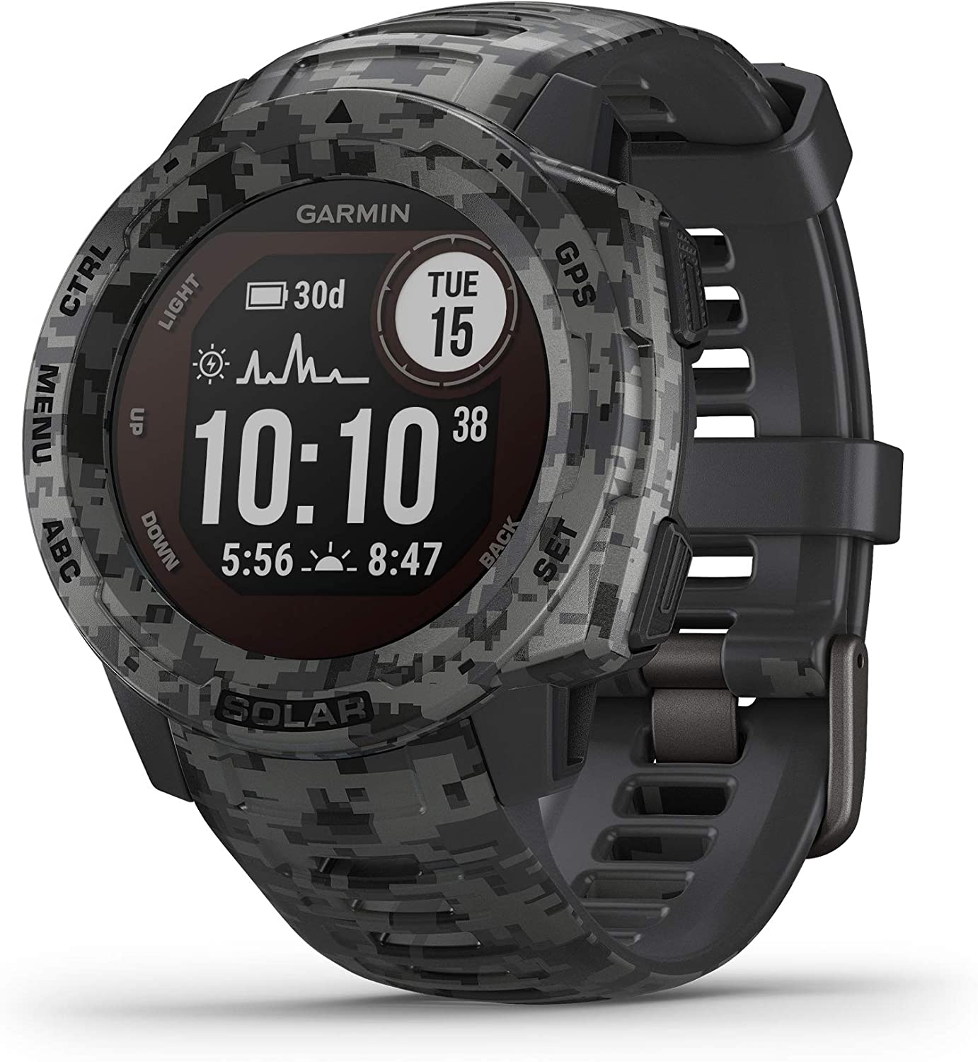 Garmin - Instinct Solar, Solar-Powered Rugged Outdoor Smartwatch, Graphite Camo