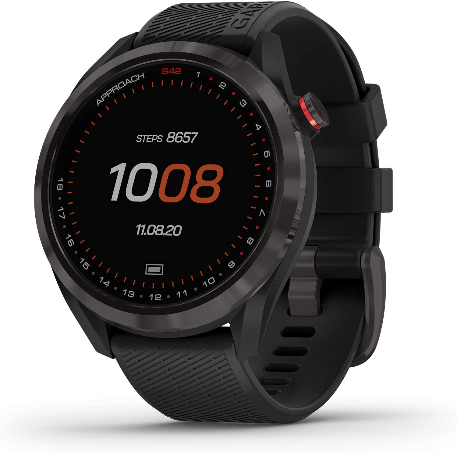 Garmin - Approach S42 Lightweight GPS Golf Smartwatch, Gunmetal Ceramic Bezel and Black Silicone Band