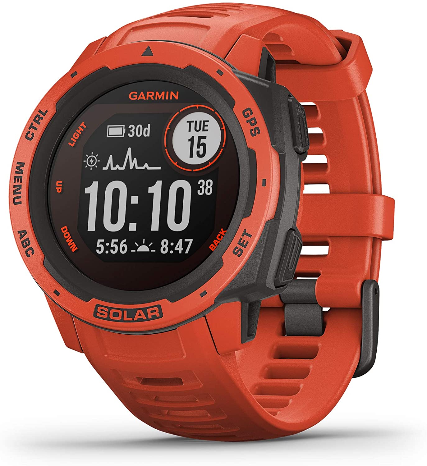 Garmin - Instinct Solar, Solar-Powered Rugged Outdoor Smartwatch, Flame Red