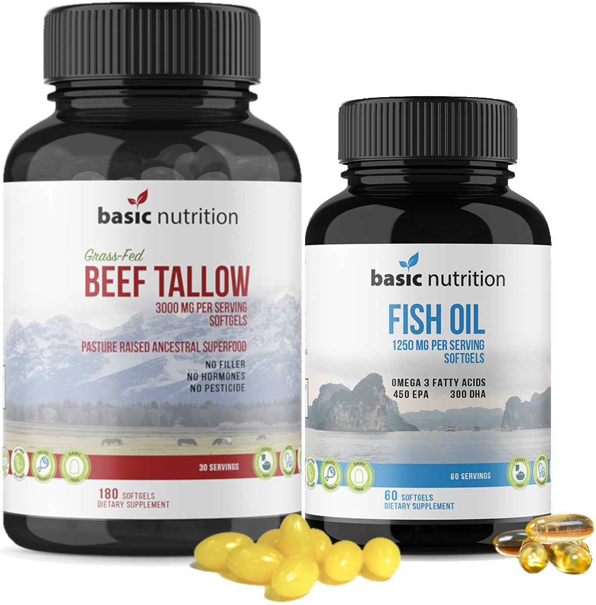 Basic Nutrition - Ancestral Essentials |Beef Tallow & Fish Oil Softgels, 3000mg & 1250mg, EPA/DHA, No Hormones, Non-GMO, Gluten-Free